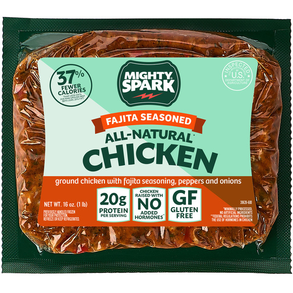 Packaged Poultry Mighty Spark Fajita Seasoned Ground Chicken with Peppers & Onions hero