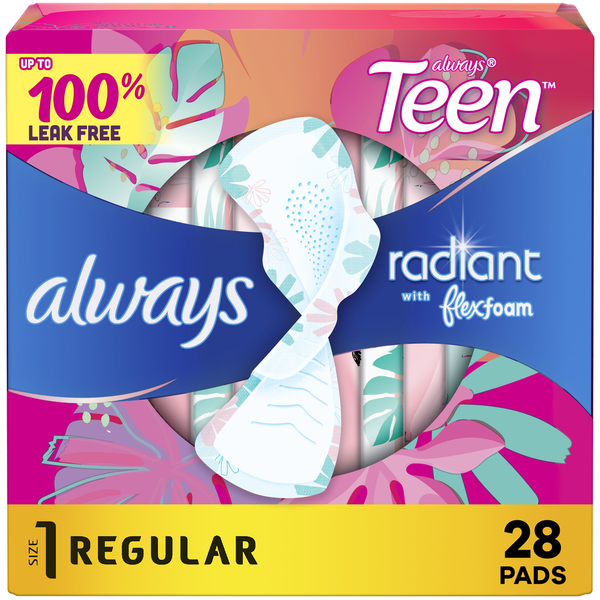 Feminine Care Always Radiant Teen Feminine Pads with FlexFoam, Size 1, Regular, with wings, Unscented hero