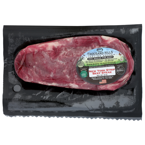 Packaged Meat Thousand Hills Lifetime Grazed New York Strip 100% Grass Fed Beef Steak hero