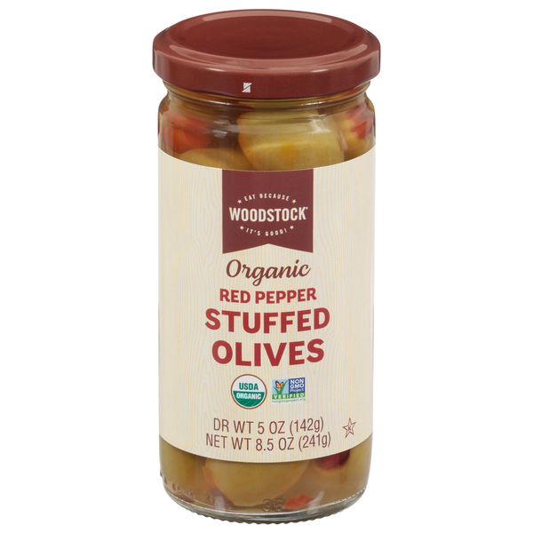 WOODSTOCK Olives, Organic, Stuffed, Red Pepper hero