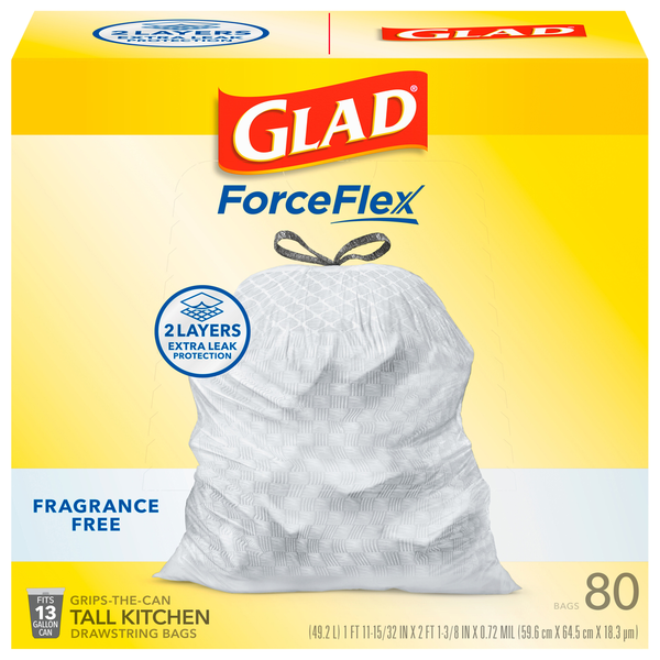 Glad Bags, Drawstring, Kitchen, Fragrance Free, Tall, 13 Gallon hero