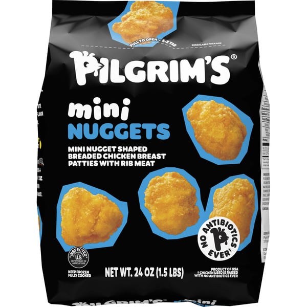 Frozen Meat & Seafood Pilgrim's Fully Cooked Mini Nugget Shaped Breaded Chicken Breast Patties With Rib Meat hero