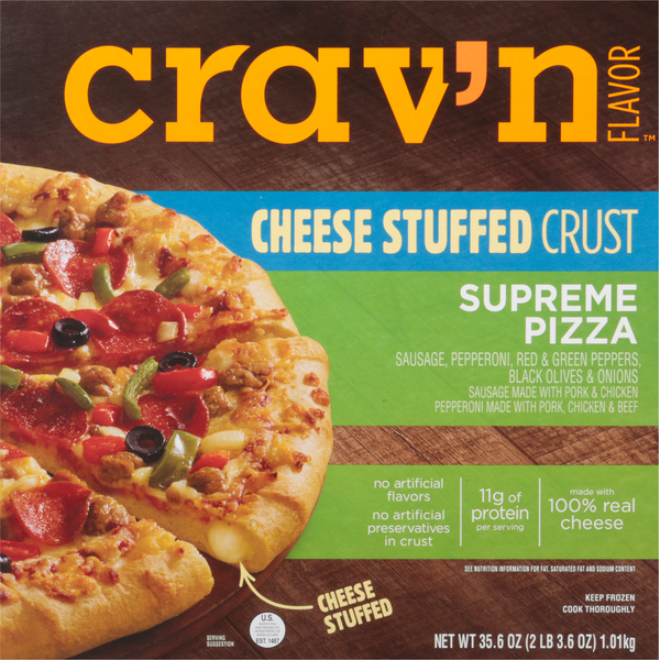 Frozen Pizza Crav'n Flavor Pizza, Cheese Stuffed Crust, Supreme hero