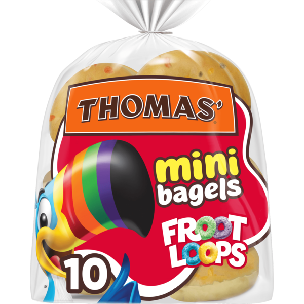 Breakfast Bakery Thomas’ 10 count, Froot Loops Pre-sliced Mini Bagels hero