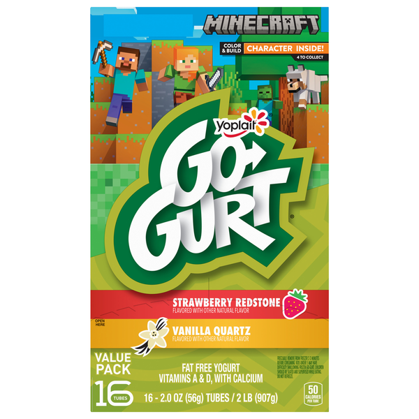 Ice Cream & Toppings Go-Gurt Minecraft Strawberry and Vanilla Kids Fat Free Yogurt Tubes hero