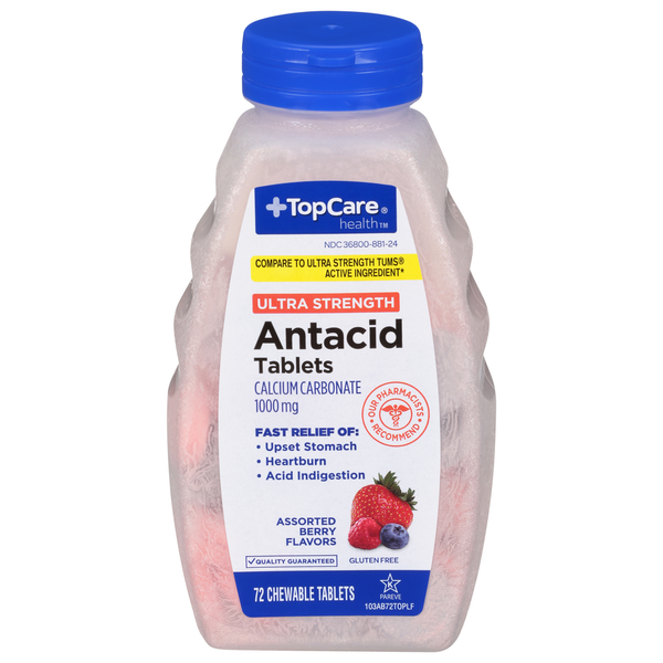 Vitamins & Supplements TopCare Antacid, Ultra Strength, 1000 mg, Chewable Tablets, Assorted Berry Flavors hero