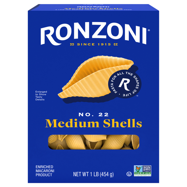 Dry Pasta Ronzoni Medium Shells, 16 oz, Mid-Size for Thick Sauces and Salads hero