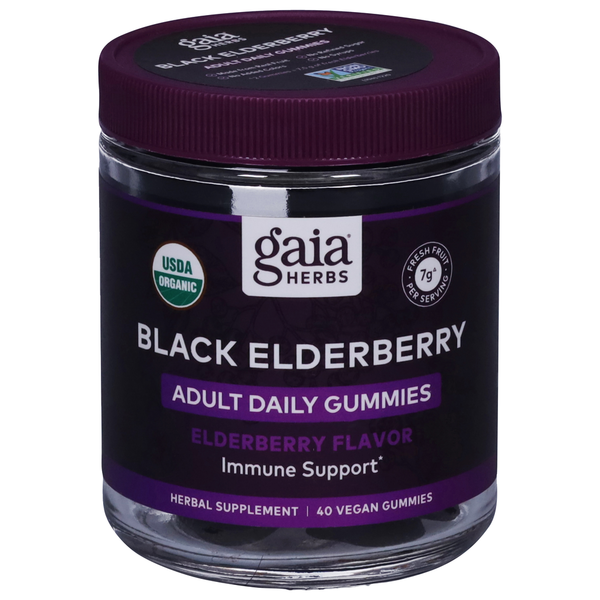 Immunity, Cold & Flu Symptoms Gaia Herbs Black Elderberry, Adult Daily, Vegan Gummies, Elderberry Flavor hero