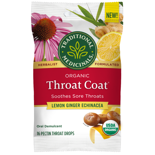 Cold, Flu & Allergy Traditional Medicinals Organic Throat Coat Lemon Ginger Echinacea Cough Drops hero