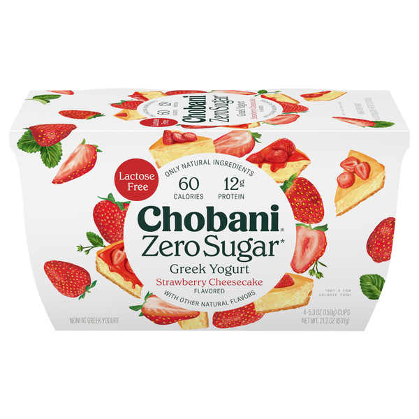 Yogurt Chobani Yogurt, Greek, Nonfat, Zero Sugar, Strawberry Cheesecake Flavored hero