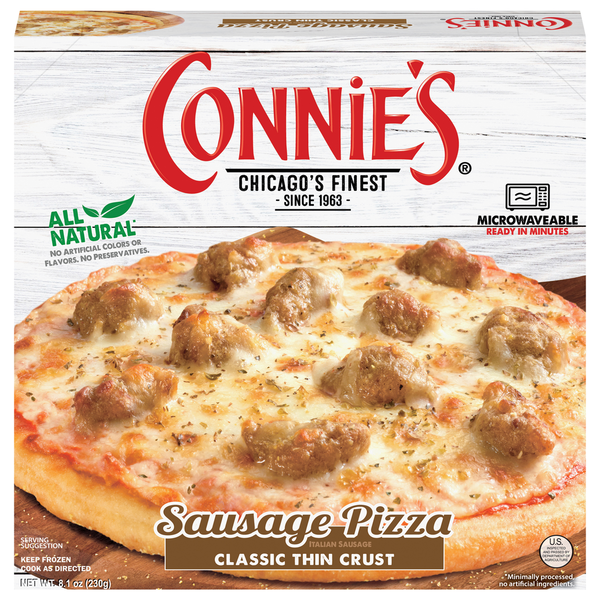 Hot Dogs, Bacon & Sausage Connie's Pizza Pizza, Classic Thin Crust, Sausage hero