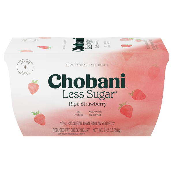 Yogurt Chobani Yogurt, Greek, Less Sugar, Reduced Fat, Ripe Strawberry, Value 4 Pack hero