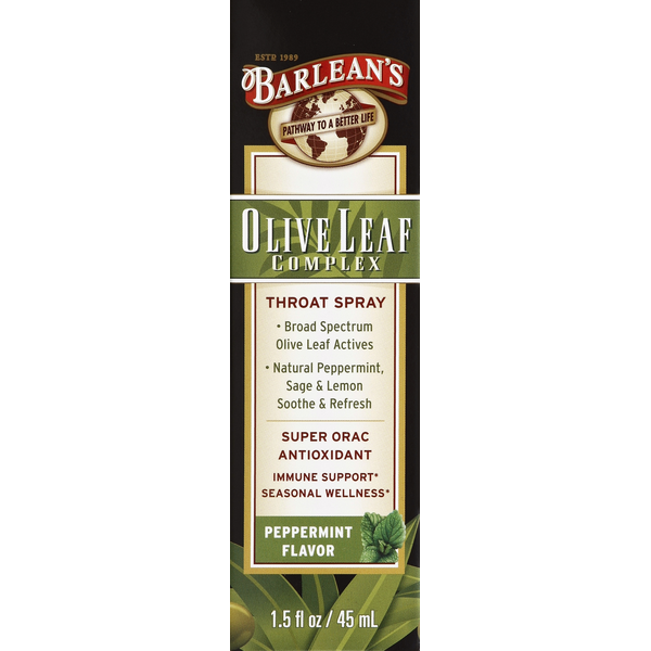 Cold, Flu & Allergy Barlean's Olive Leaf Complex, Throat Spray, Peppermint Flavor hero