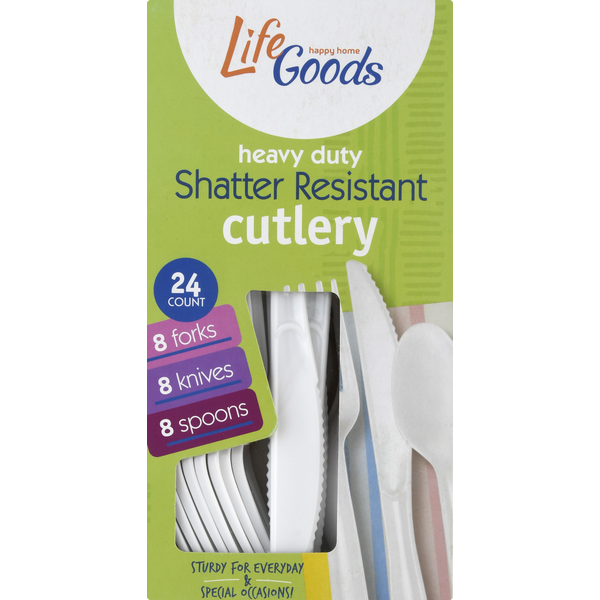 Plates, Bowls, Cups & Flatware Life Goods Cutlery, Shatter Resistant, Heavy Duty hero