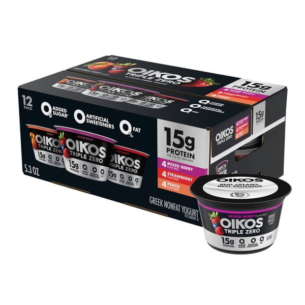 Yogurt Oikos Strawberry, Mixed Berry and Peach, Nonfat Greek Yogurt Pack hero