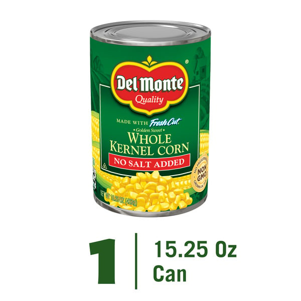 Canned/Jarred Vegetables Del Monte Corn, No Salt Added, Golden Sweet, Whole Kernel hero