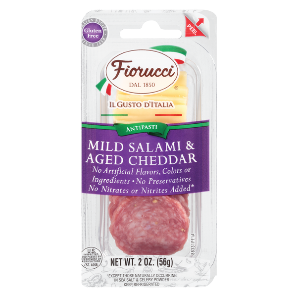 Deli Packaged Specialty Meat Fiorucci Pre-Sliced 100% Natural Mild Salami & Aged Cheddar Snack Pack hero