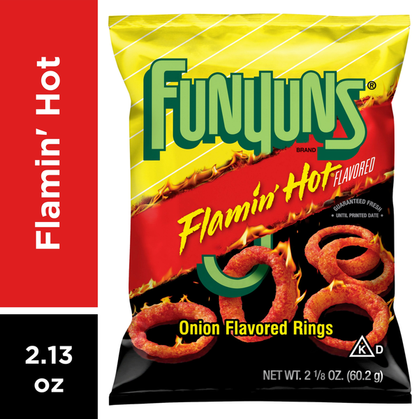 Chips & Pretzels Funyuns Onion Flavored Rings, Flamin' Hot Flavored hero