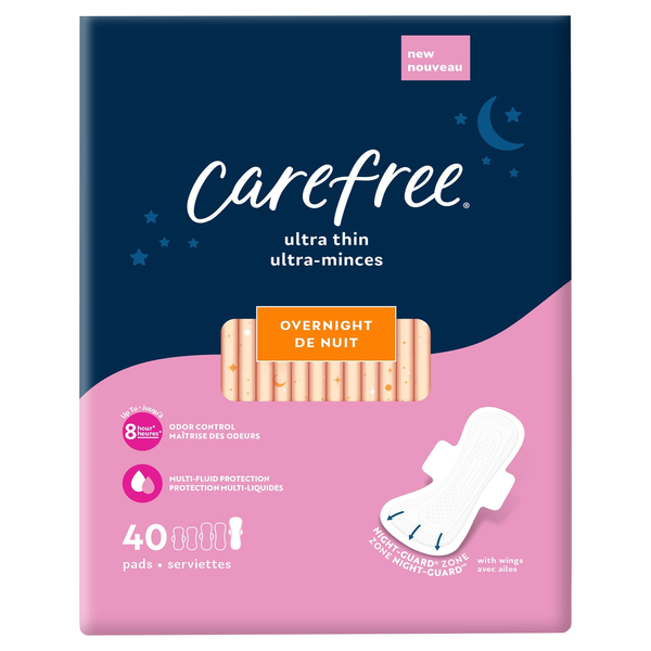 Feminine Care Carefree Pads, Ultra Thin, Overnight hero