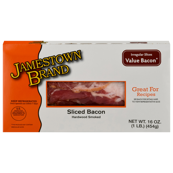 Pork and Ham Jamestown Brand Bacon, Hardwood Smoked, Sliced hero