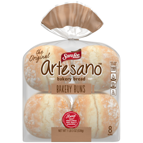 Packaged Bread Sara Lee Artesano, 8 count, White Bakery Buns hero