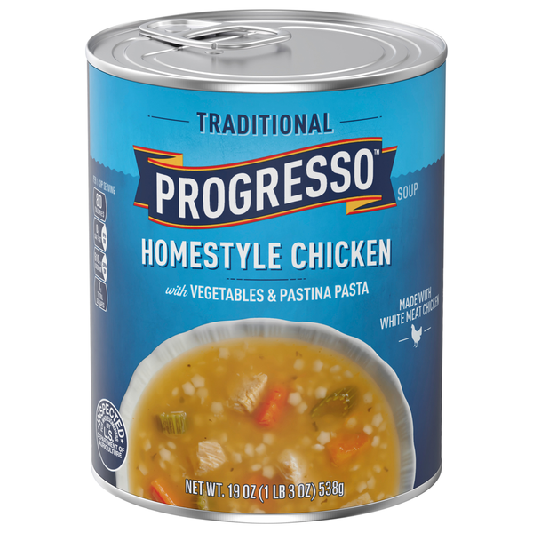 Soup, Broth & Bouillon Progresso Soup, Homestyle Chicken with Vegetables & Pastina Pasta, Traditional hero