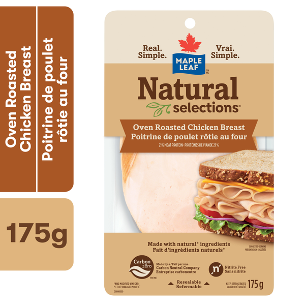 Lunch Meat Maple Leaf Natural Selections Sliced Deli Chicken Breast, Oven Roasted hero