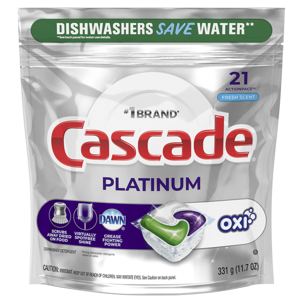 Dish Detergents Cascade Platinum Dishwasher Detergent Pods + Oxi, Fresh hero