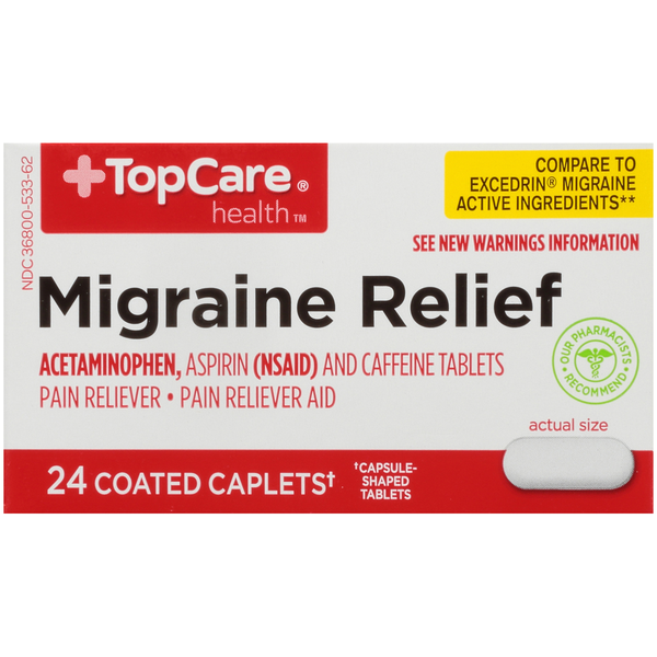 Muscles, Joints & Pain Relief TopCare Migraine Relief Acetaminophen Pain Reliever, Aspirin (Nsaid) And Caffeine Pain Reliever Aid Coated Caplets hero