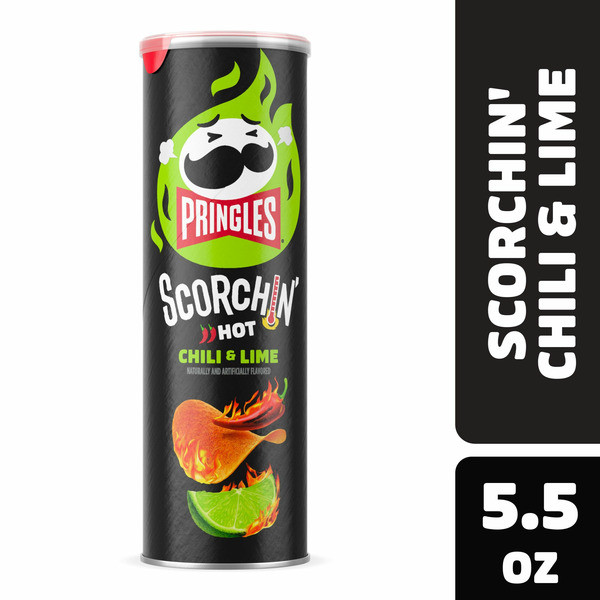 Chips & Pretzels Pringles Scorchin' Potato Crisps Chips, Spicy Snacks, On-the-Go Snacks, Chili and Lime hero