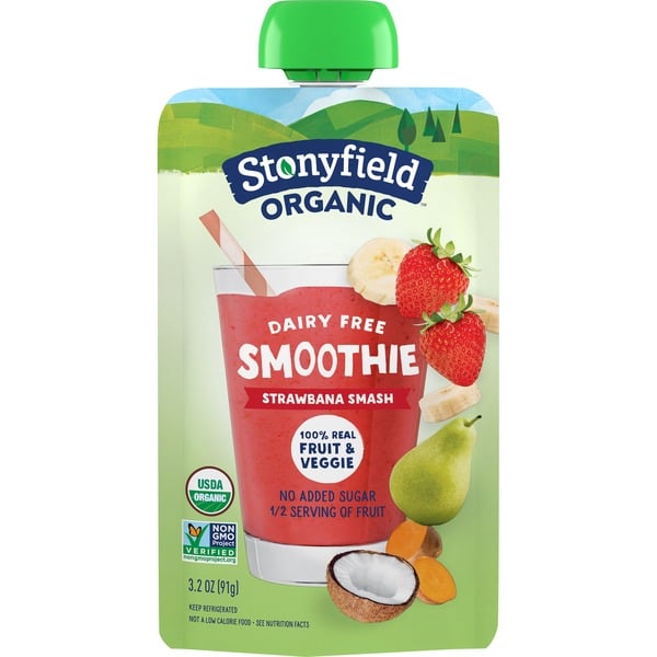 Refrigerated Stonyfield Organic Dairy Free Smoothie Pouch Strawbanana Smash hero