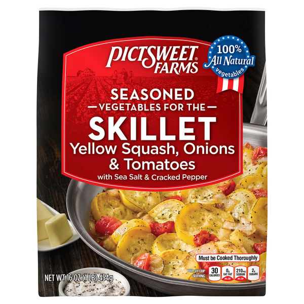 Prepared Meals Pictsweet Farms Yellow Squash, Onions & Tomatoes, Seasoned hero