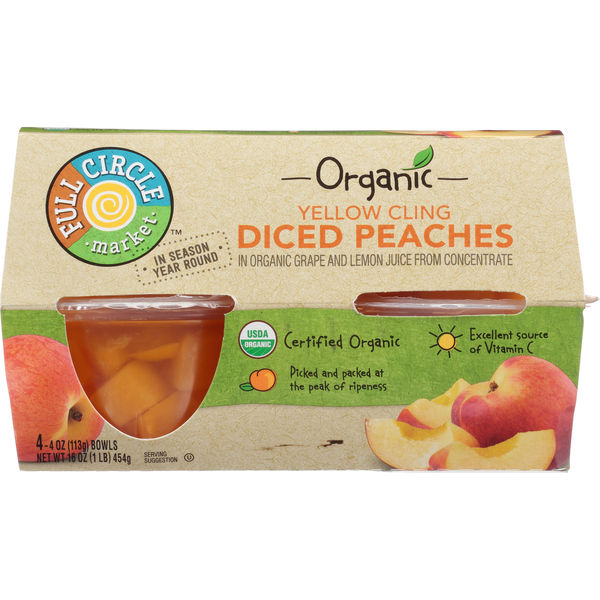 Fruit & Vegetable Snacks Full Circle Diced Peaches, Yellow Cling hero