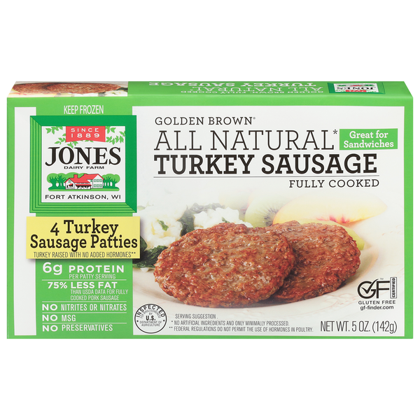 Frozen Meat & Seafood Jones Dairy Farm Golden Brown All Natural Turkey Sausage Patties hero