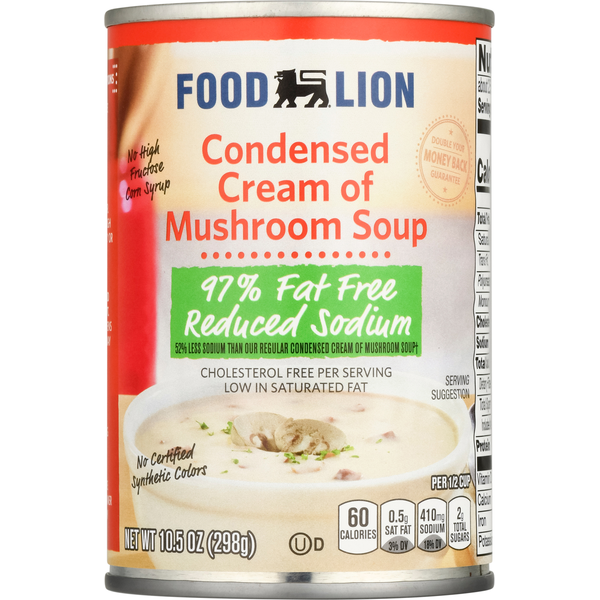 Soup, Broth & Bouillon Food Lion Condensed Soup, Cream of Mushroom, 97% Fat Free, Reduced Sodium hero