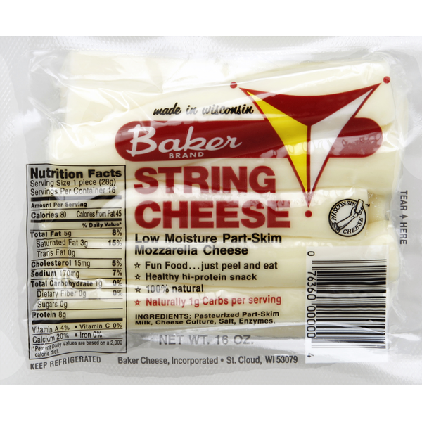 Packaged Cheese Baker's String Cheese, Mozzarella hero