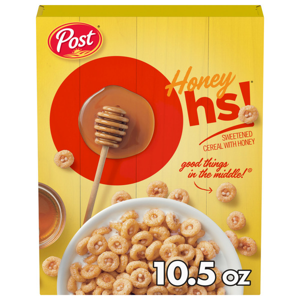 Cereal Post Honey Ohs Breakfast Cereal, Sweetened Corn Cereal, Small size box hero