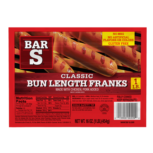 Hot Dogs, Bacon & Sausage Bar-S Classic Bun Length Franks hero