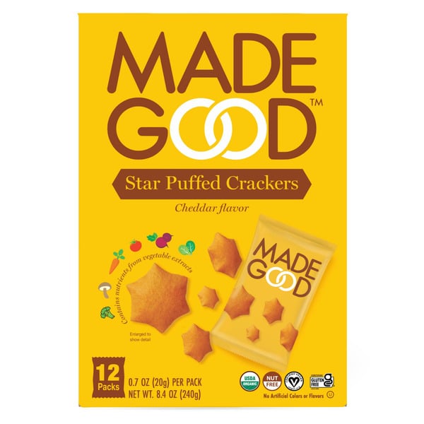 MadeGood Cheddar Star Puffed Crackers hero