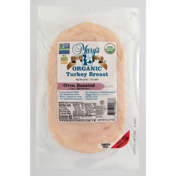 Lunch Meat Mary's Free Range Organic Sliced Oven Roasted Turkey Breast hero