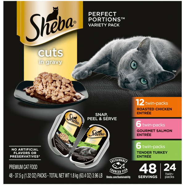 SHEBA PERFECT PORTIONS Wet Cat Food Cuts in Gravy Variety Pack Chicken Salmon & Turkey hero