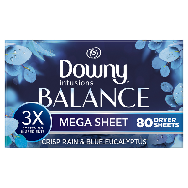 Laundry Downy Infusions Mega Dryer Sheets, BALANCE, Crisp Rain and Blue Eucalyptus hero