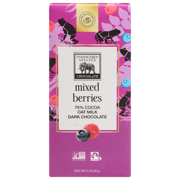 Endangered Species Oat Milk Dark Chocolate, Mixed Berries, 75% Cocoa hero