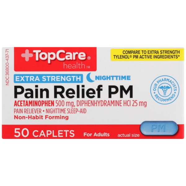 Muscles, Joints & Pain Relief TopCare Extra Strength Pain Relief Pm Acetaminophen 500 Mg Pain Reliever, Diphenhydramine Hcl 25 Mg Nighttime Sleep Aid Caplets hero