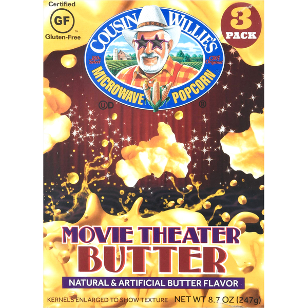 Popcorn & Jerky Cousin Willie's Microwave Popcorn, Movie Theater, Butter, 3 Pack hero