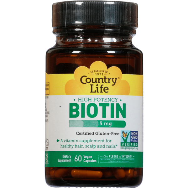 Vitamins & Supplements Country Life Biotin, High Potency, 5 mg, Vegan Capsules hero