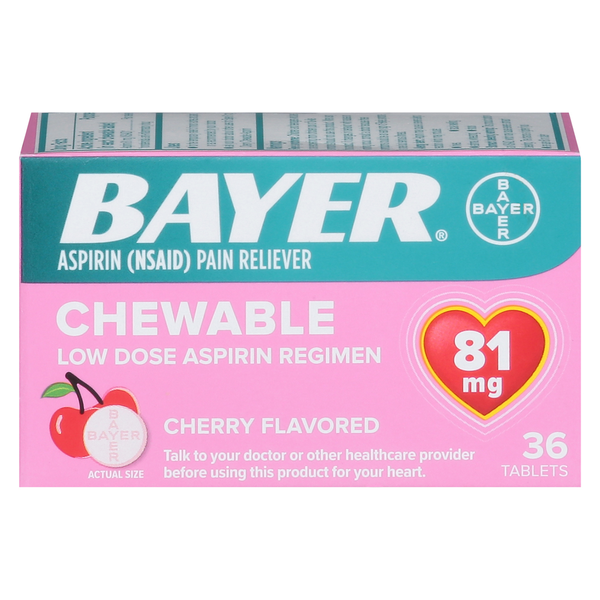 Muscles, Joints & Pain Relief Bayer Aspirin, Low Dose, 81 mg, Chewable Tablets, Cherry Flavored hero