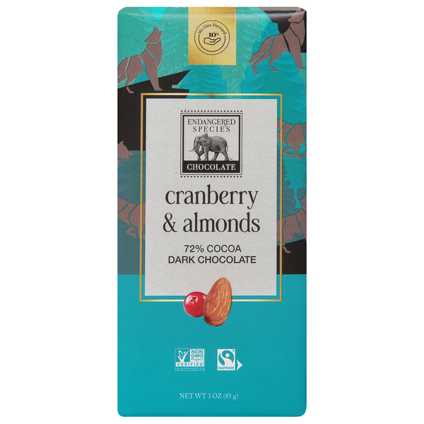 Candy & Chocolate Endangered Species Dark Chocolate, Cranberry & Almonds, 72% Cocoa hero