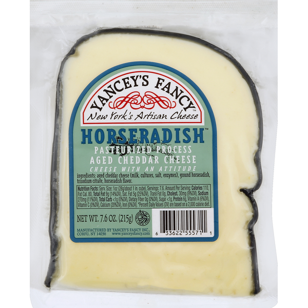 Packaged Cheese Yancey's Fancy Cheddar Cheese, Pasteurized Process Aged, Horseradish hero