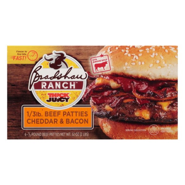 Frozen Meat & Seafood Bradshaw Ranch Thick N Juicy 1/3 lb. Beef Patties Cheddar and Bacon hero